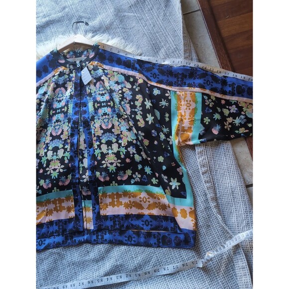 RACHEL ROY L Silky Kimono Blouse Blue & Gold Floral Button Up Collarless Top - Picture 12 of 12